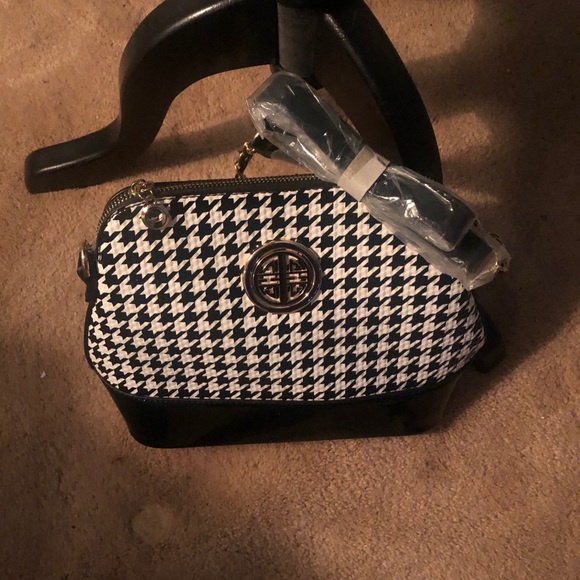 Houndstooth handbag w/chain&attached shldr strap - Picture 5 of 6
